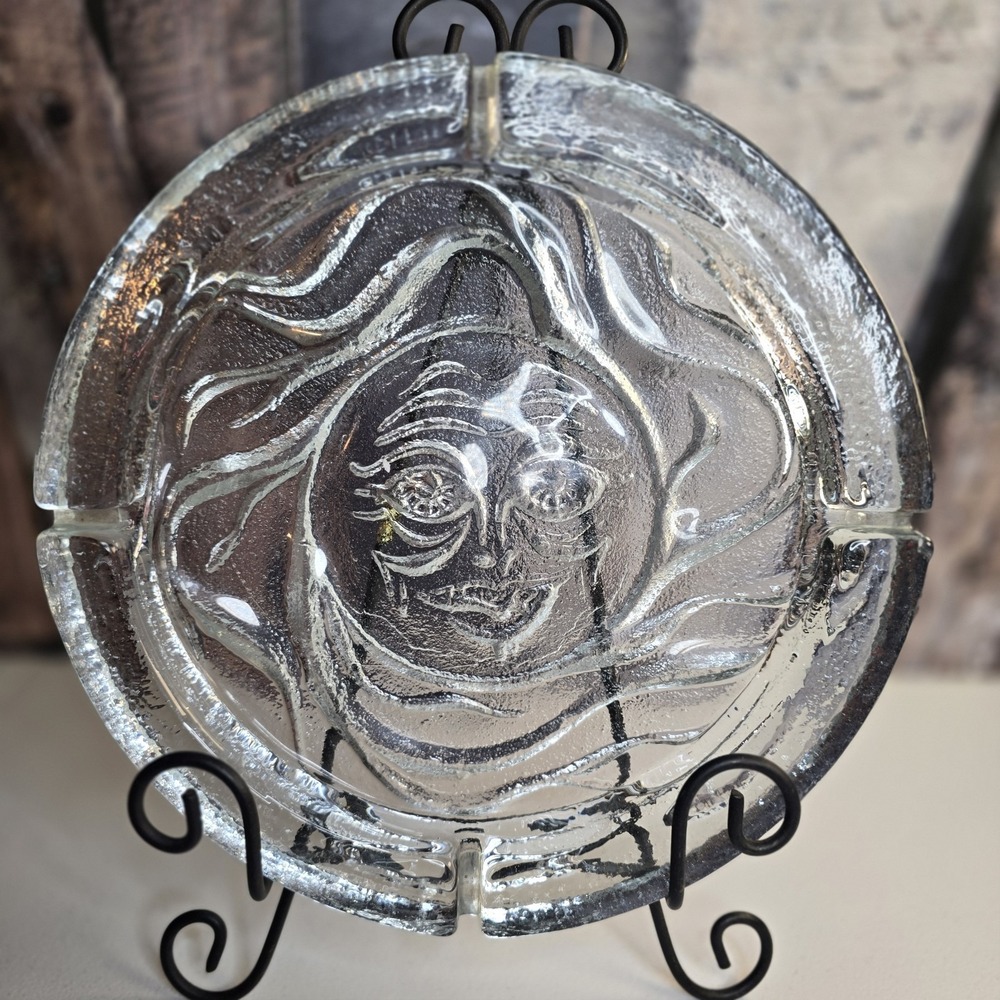VTG Blenko Art Glass 734 Large Clear Glass Sun Face Ashtray 11.25 John Nickerson
